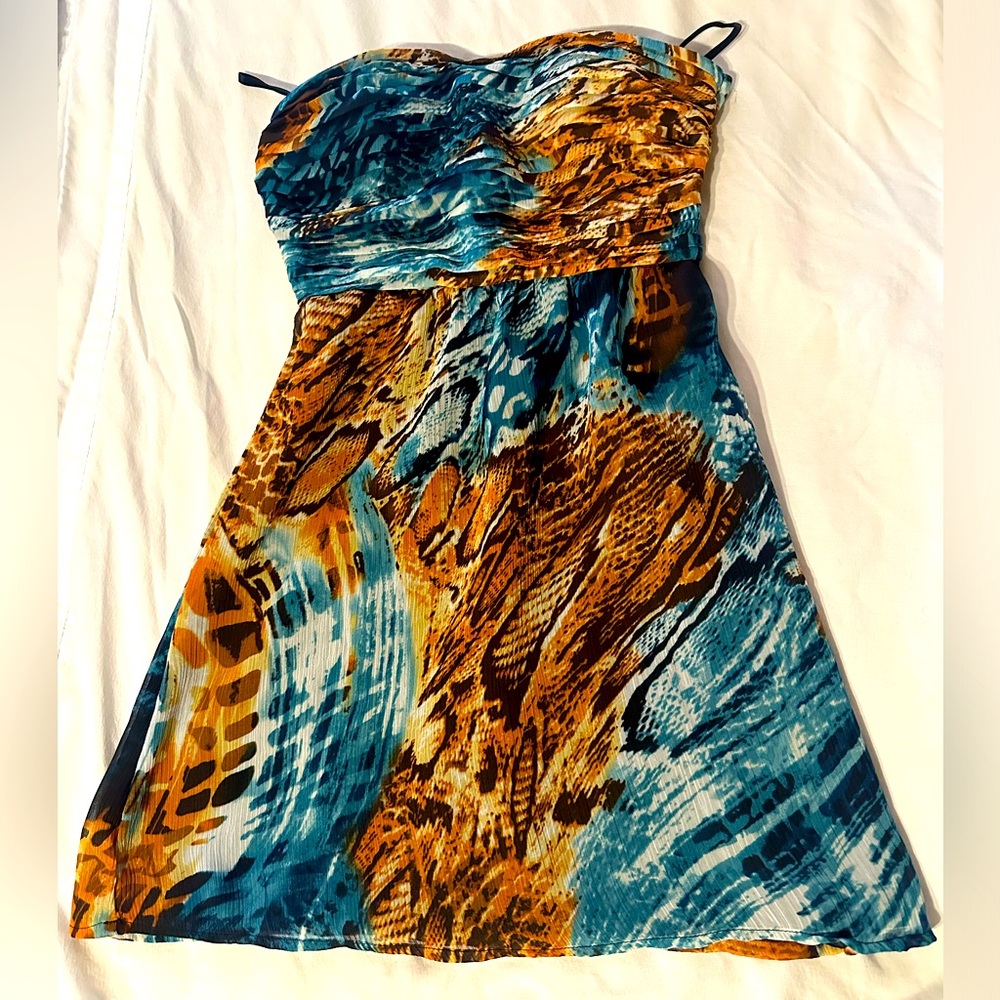 Snake print, strapless dress, size:XS blue and brown